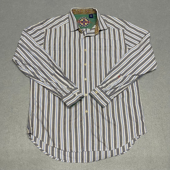 Robert Graham Other - Robert Graham Shirt Mens Large Gray Striped Metallic Gold Embroidery Button Down